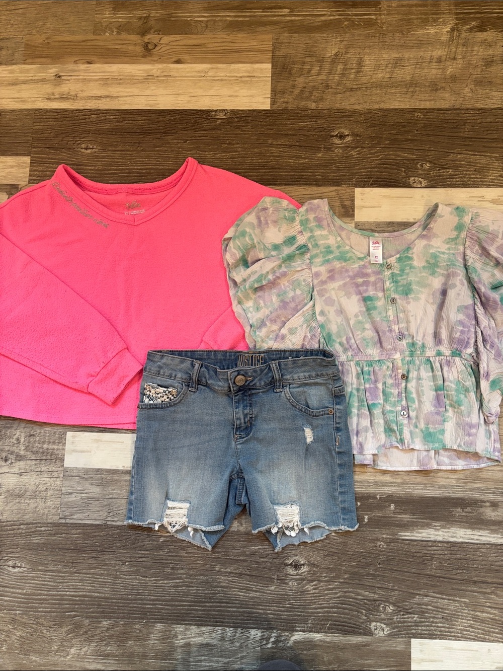 Justice Girls 3-Piece Outfit Bundle – Pink Long Sleeve, Tie-Dye Blouse & shorts